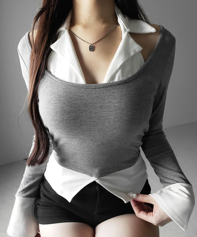 カットアウトフェイクレイヤード長袖Ｔシャツ ／ shirts like cutout fake layered long sleeve T-Shirt
