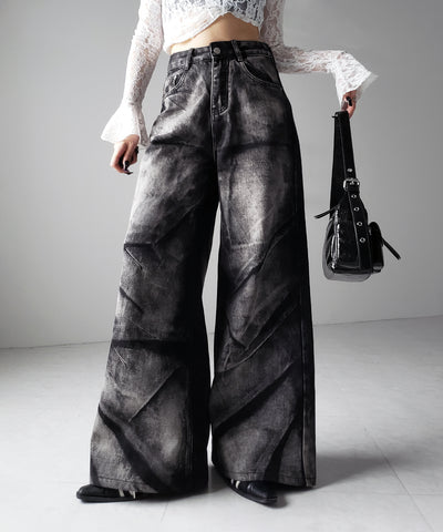 【 ４size 】CRACKクラッシュヘビーブリーチブラックワイドデニム ／ CRACK crash heavy bleach black wide denim