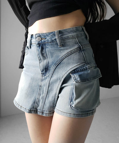 カーゴポケットレイヤードデニムミニスカパン ／ cargo pocket layered denim mini skirt pants
