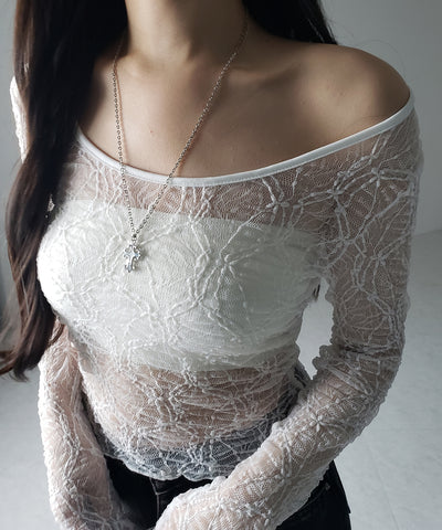 【 ２color ／２WAY 】ワンショルルーズシアーレーストップス ／ one shoulder loose sheer lace tops