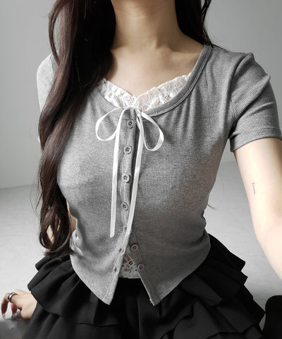フロントリボンレースレイヤード半袖リブトップス ／front ribbon lace layered short sleeve rib tops