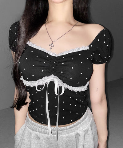 ドットレースリボンギャザーオフショルトップス ／ dot lace ribbon gathered off shoulder tops