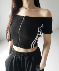 ジップアップオフショルサイドラインTシャツ ／ zipup off