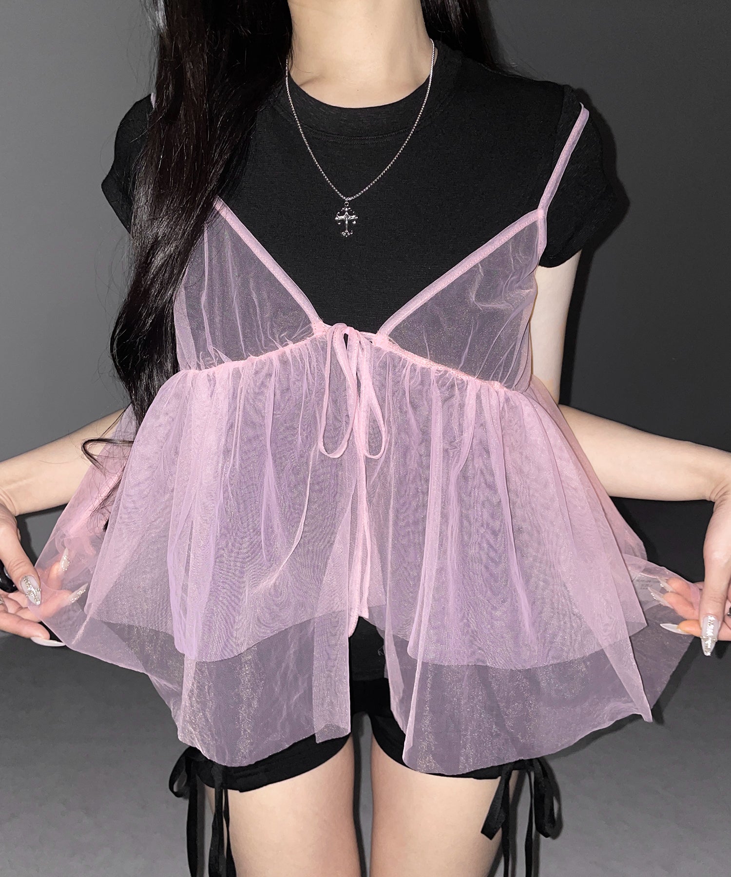 フロントリボンチュールキャミソール ／ front ribbon tulle camisole