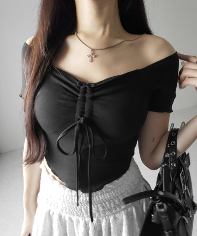 【 ３color 】シャーリングリボンオフショルメローＴシャツ ／ shirring ribbon off-shoulder mellow T-shirt