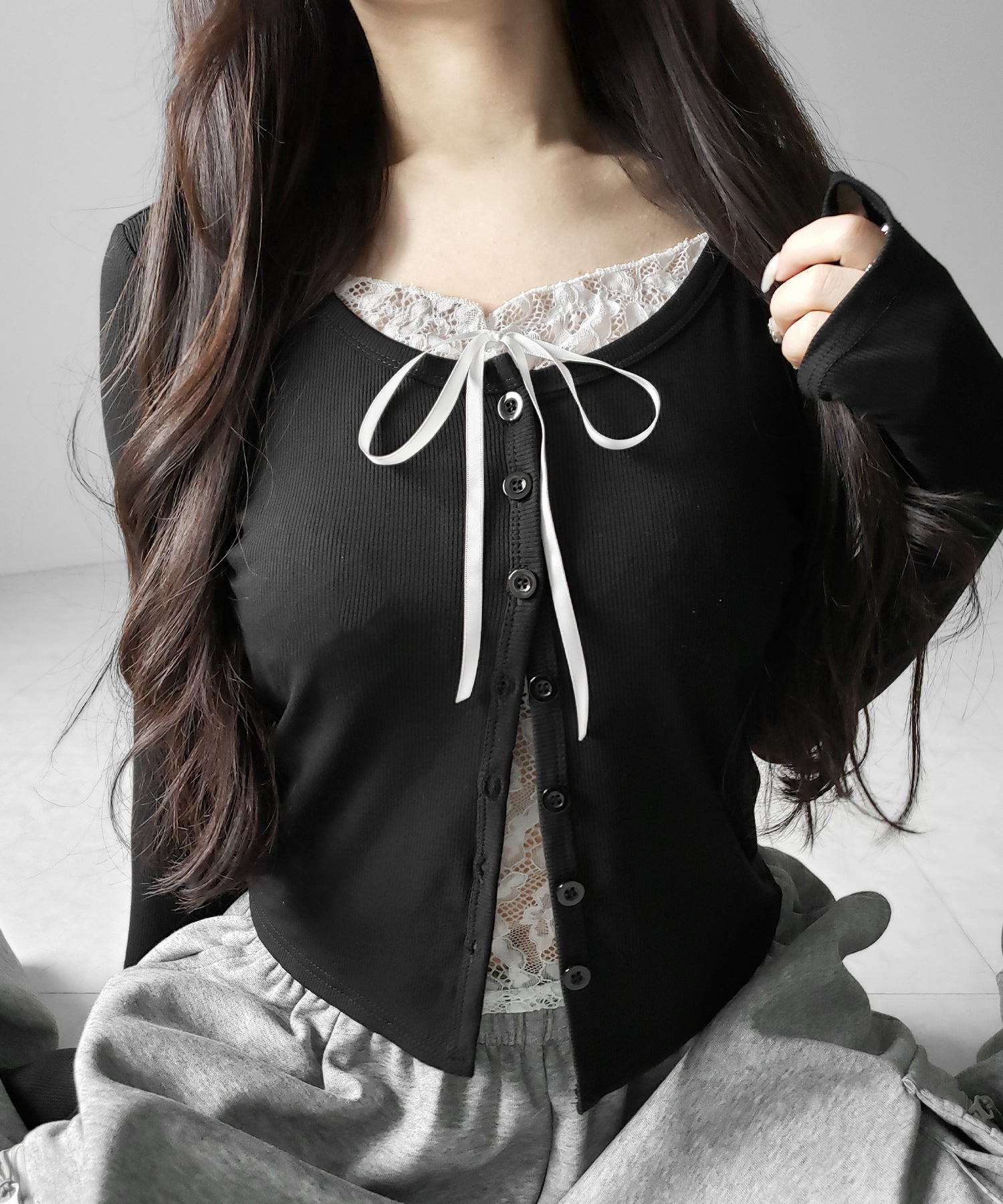 フロントリボンレースレイヤード長袖リブカーディガン ／front ribbon lace layered long-sleeve rib cardigan