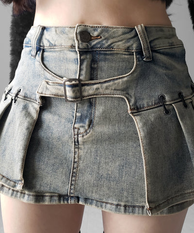 【 インパン裏地付 】ベルテッドマイクロプリーツデニムミニスカパン ／ belted micro pleats denim skirt pants