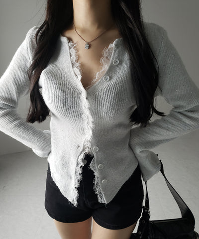 【 ４color 】レースドッキングスパングルキーネックニットカーディガン ／ lace docking spangle key neck knit cardigan