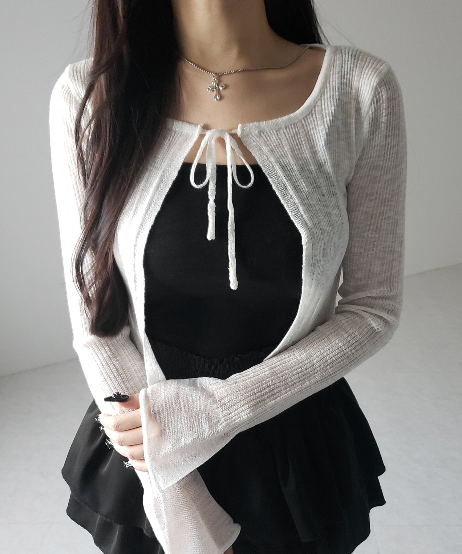 【 ２color 】フロントリボンシアーニットショートカーディガン ／ front ribbon sheer knit short cardigan