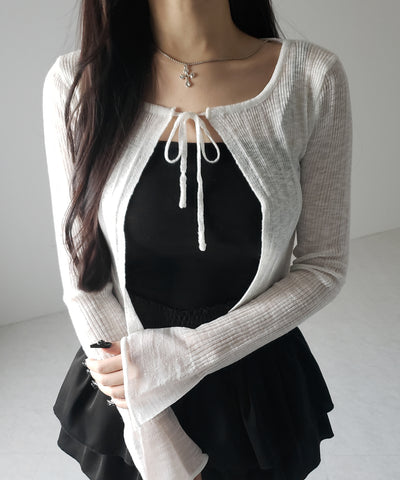 【 ２color 】フロントリボンシアーニットショートカーディガン ／ front ribbon sheer knit short cardigan