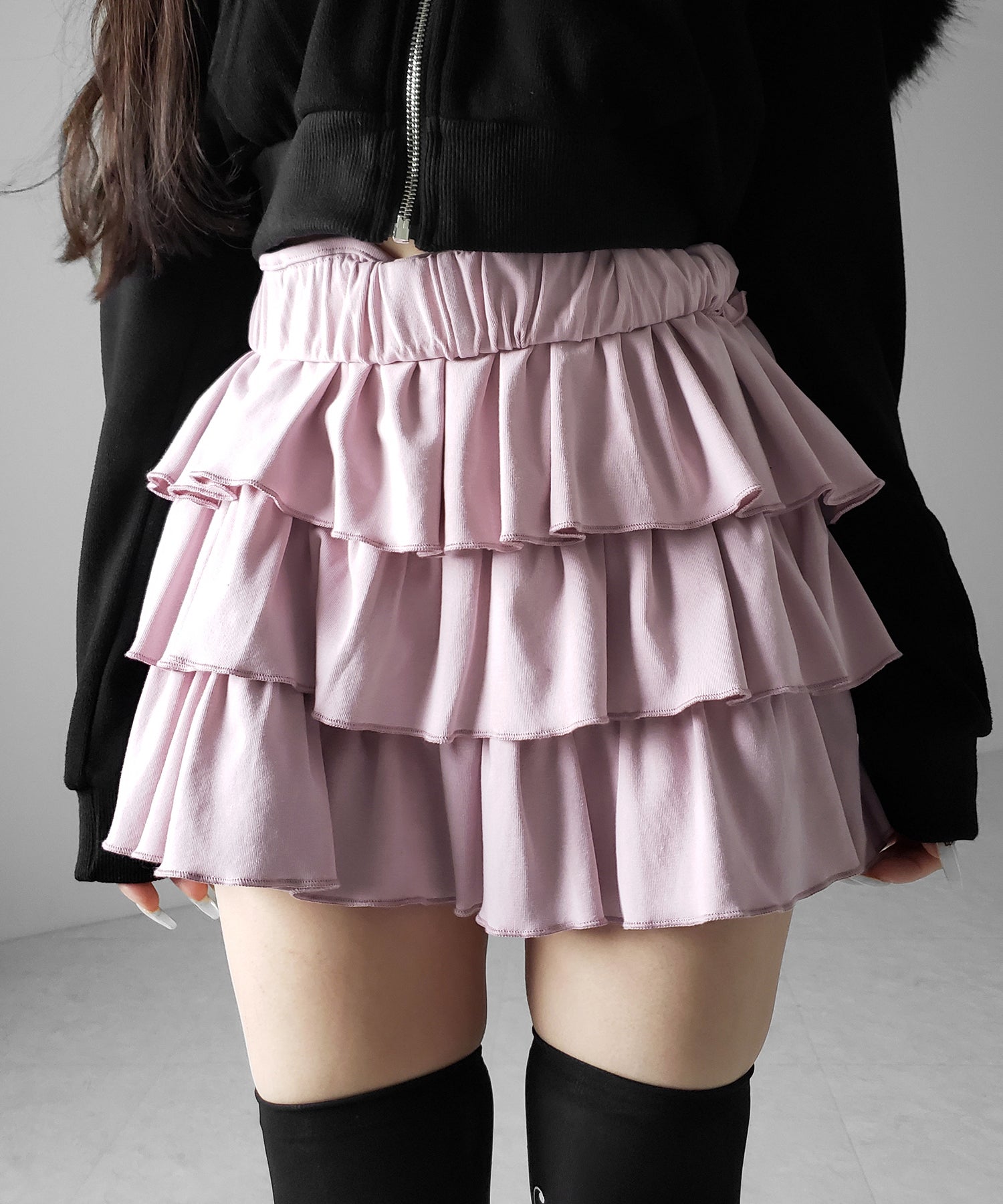 【 新色ピンク追加！４color 】３段フリルカットソーミニスカパン ／ 3 frill cutsew mini skirt pants