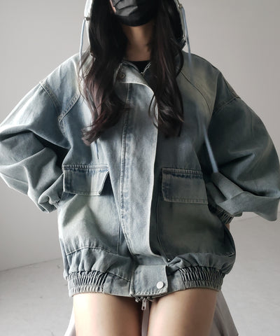 【 ２color 】ヴィンテージデニムダブルジップフードブルゾン ／ vintage denim double zip hoodie blouson