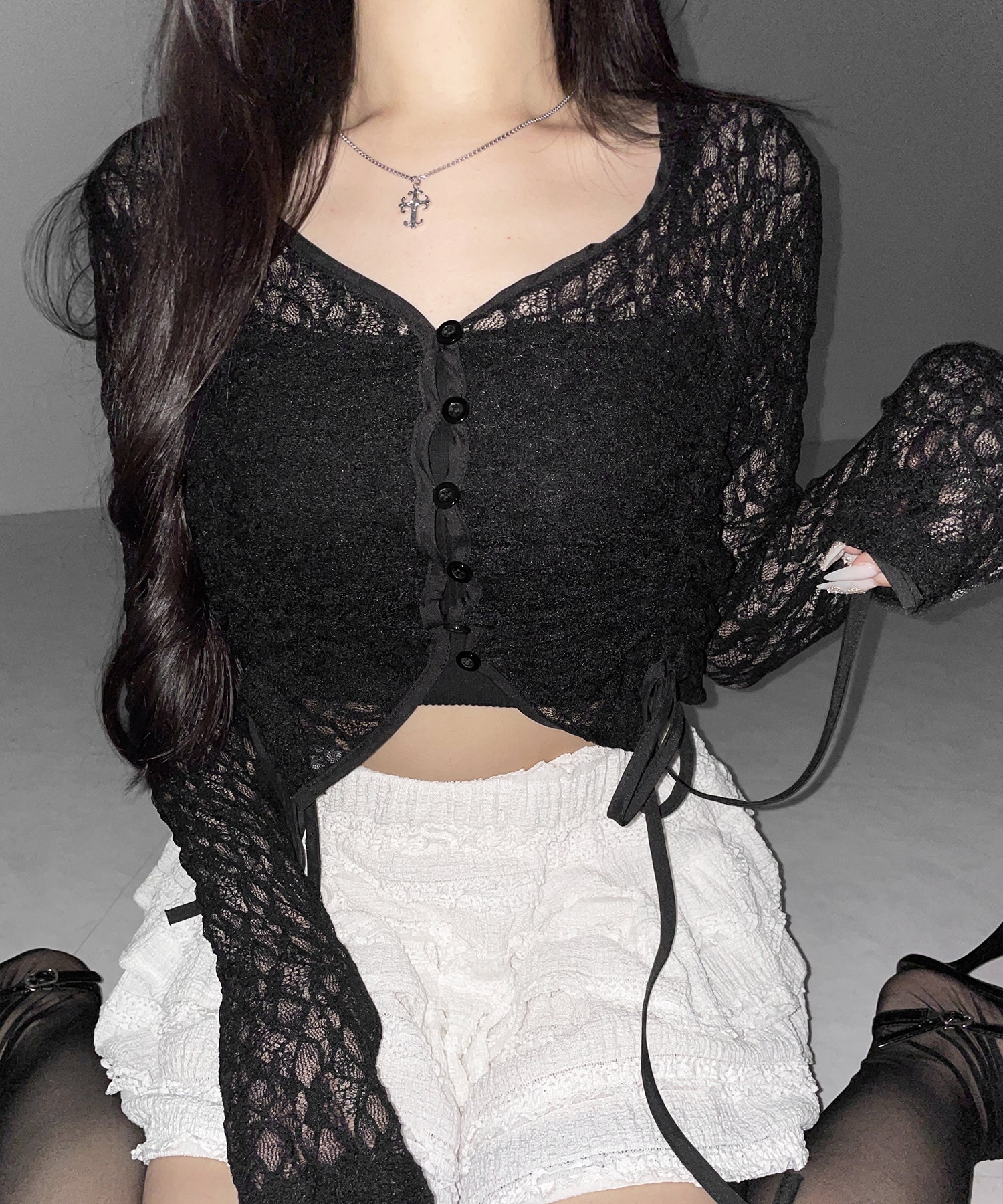 ダブルシャーリングショートレースカーディガン ／ double shirring short lace cardigan