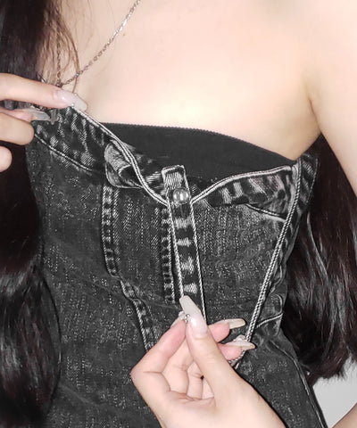 【 デニムセットアップ着用可能 】２WAYヴィンテージケミカルブリーチデニムベアミニワンピース ／ vintage chemical bleach denim bare mini onepiece