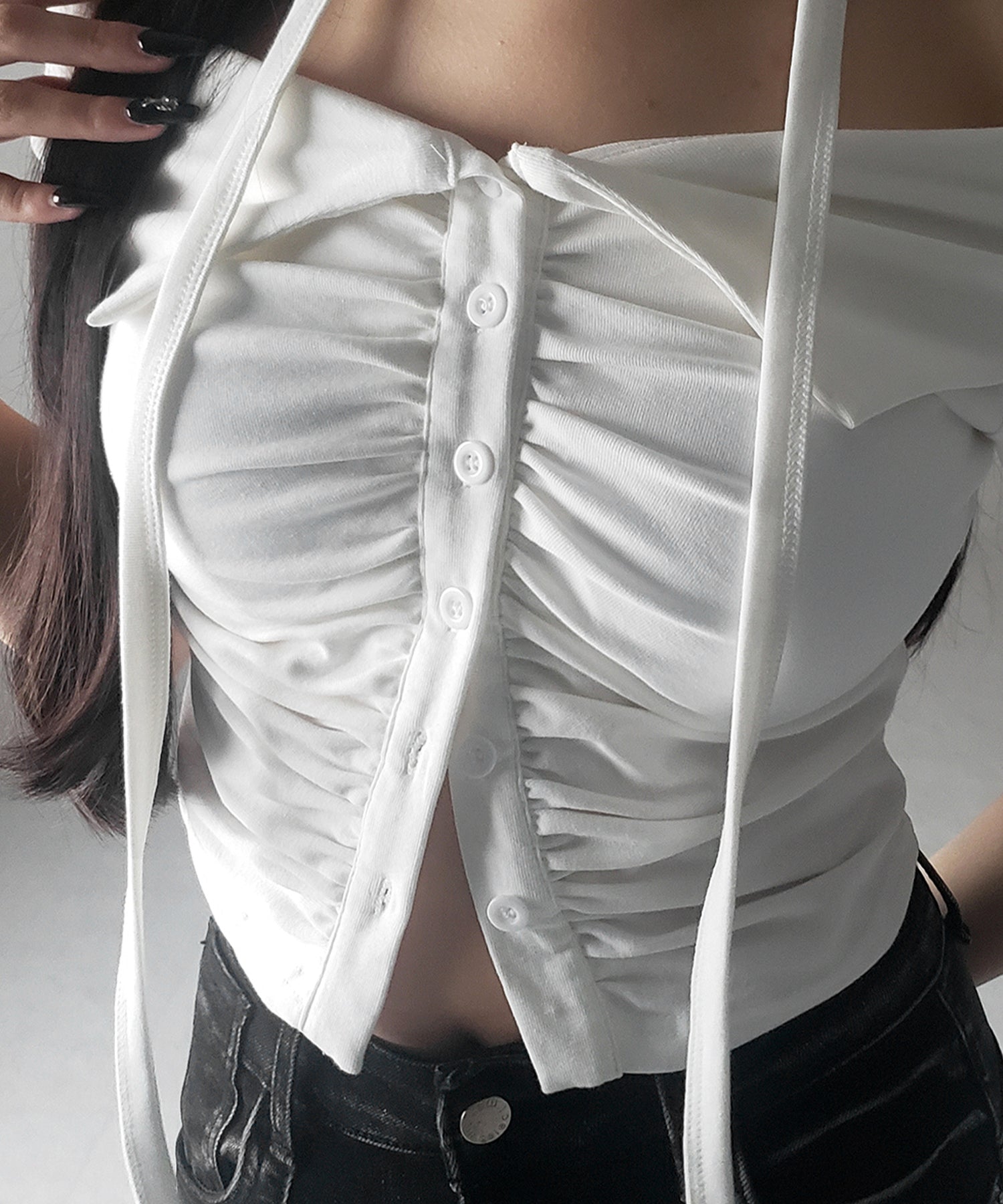 【 ３color 】チョーカーロングタイ付き　オフショルダータックギャザーＴシャツ ／ choker long tie SET offshoulder tuck gather slim T-shirt