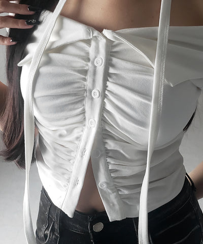【 ３color 】チョーカーロングタイ付き　オフショルダータックギャザーＴシャツ ／ choker long tie SET offshoulder tuck gather slim T-shirt