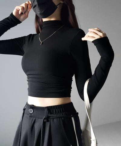 【 カップ付き ／ 裏起毛 】プチハイネックシャーリングショートカットソートップス