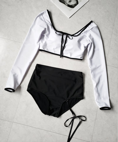 【 レディース水着／２点セット 】フロントリボンモノトーンハイウエストビキニ ／ front ribbon monotone high waist bikini