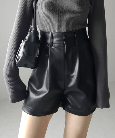 【 3color ／ ５size 】太ベルトハイウエストタックレザーショートパンツ