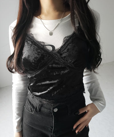 【 カップ付き 】レーシーベロアショートビスチェキャミソール ／ velor lacy short bustier camisole