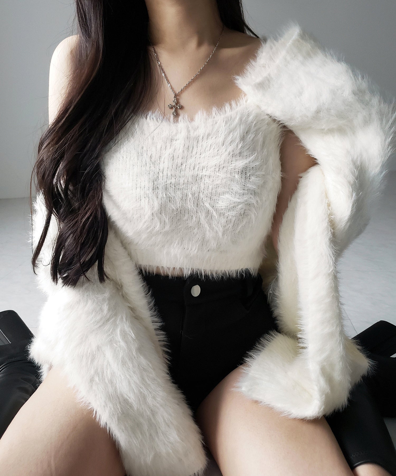 【 ２点セット 】シャギーニットショートキャミソール ＋ オーバーカーディガンセット ／ shaggy knit short camisole + over cardigan SET