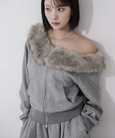 【 セットアップ 】ファーダブルジップワンショルスウェット＆タックワイドスウェットパンツ ／ Fur double-zip one-shoulder sweatshirt ＆ tuck wide sweatpants SETUP