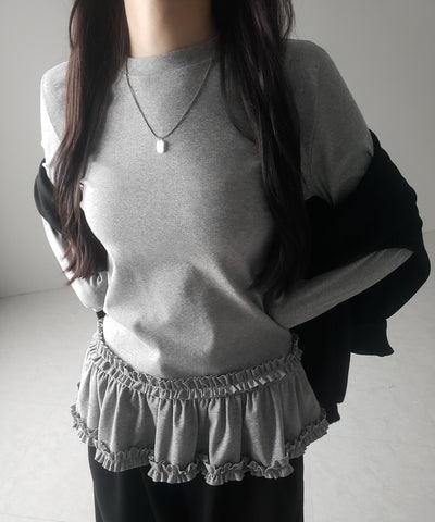 【 ３color 】裾フリルレイヤード長袖トップス ／ hem frill layered long sleeve tops