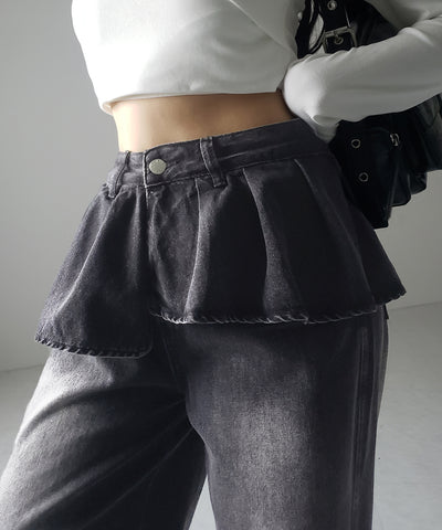 【 ２color ／ ４size 】フリルドッキングレイヤードヴィンテージワイドデニム ／ frll docking layered vintage wide denim