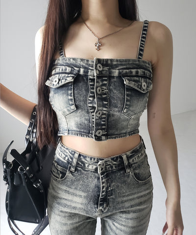 【 セットアップ 】ヴィンテージライクデニムビスチェ ＋ ストレッチフレアデニム SET ／ 【 SET UP 】 vintage like denim bustier + stretch flare denim