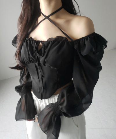 【 ２color ／ ２WAY 】フロントリボンクロスネックオフショルシフォンブラウス ／ front ribbon cross neck off-shoulder chiffon blouse