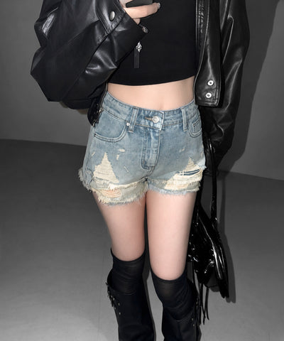クラッシュダメージダブルフリンジデニムショートパンツ／crash damage double fringe denim short pants