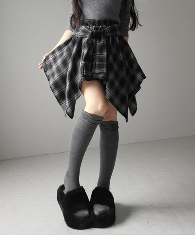 【 選べる２素材／インナーパンツ裏地付 】シャツレイヤードチェックミニスカート ／ shirt layered check mini skirt