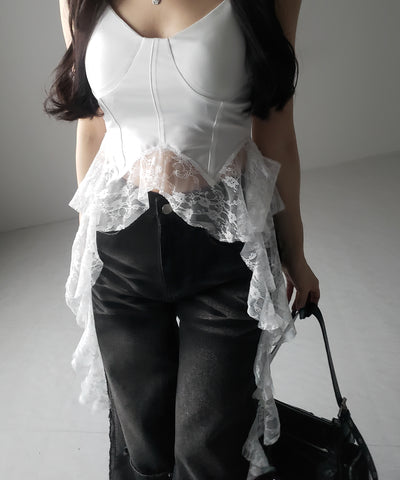 【 ２color 】レースフリルレイヤードビスチェキャミソール ／ lace frill layered bustier camisole