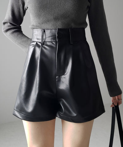 【 3color ／ ５size 】太ベルトハイウエストタックレザーショートパンツ