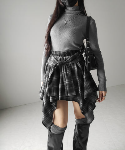 【 選べる２素材／インナーパンツ裏地付 】シャツレイヤードチェックミニスカート ／ shirt layered check mini skirt