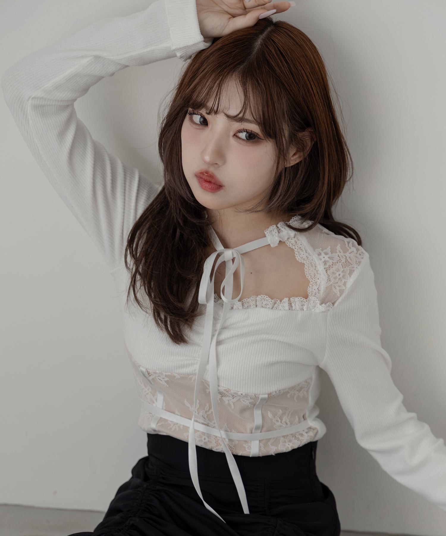 【 ２color 】チョーカーネックリボンレーシーカットソートップス ／ choker neck ribbon lacy cutsaw tops