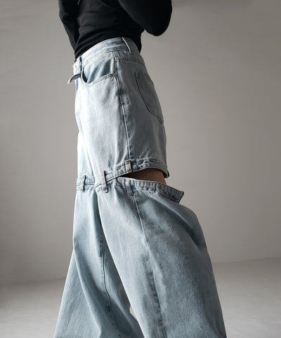 【 選べる３サイズ 】バックオープンカットアウトウォッシュワイドデニム ／ Back open cutout washed wide denim