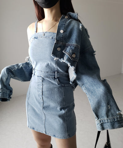 【 ２color 】ウォッシュデニムハイウエストミニキャミワンピース ／ wash denim high waist mini cami onepiece
