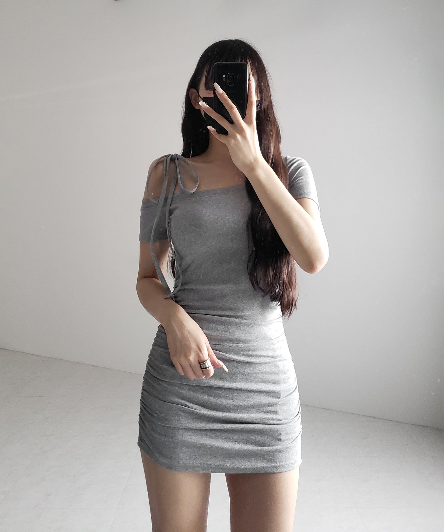 【 ２color ／ カップ付き 】ワンショルリボン半袖カットソーミニワンピ ／ one shoulder ribbon short sleeve cutsew mini onepiece