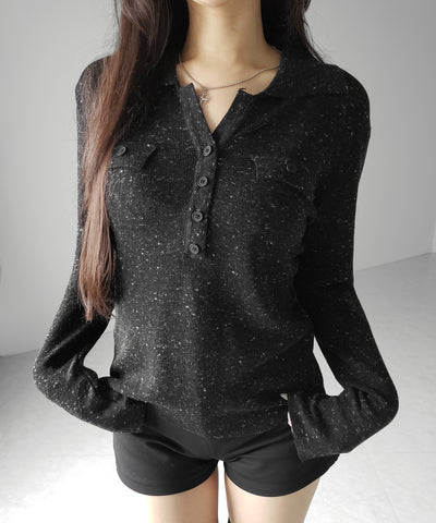 スキッパーボタン長袖ロングニットトップス ／ skipper button long sleeve long sheer knit tops