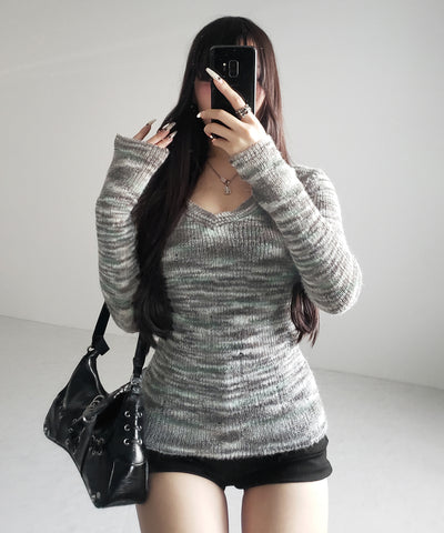 【 ワンショル可能な２WAY 】Ｖネックメランジスリムシアーニット ／ V-neck melange slim sheer knit