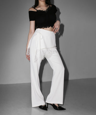【３size 】レースレイヤードサイドリボンラップフレアスラックス ／ lace layered side ribbon wrap flare slacks