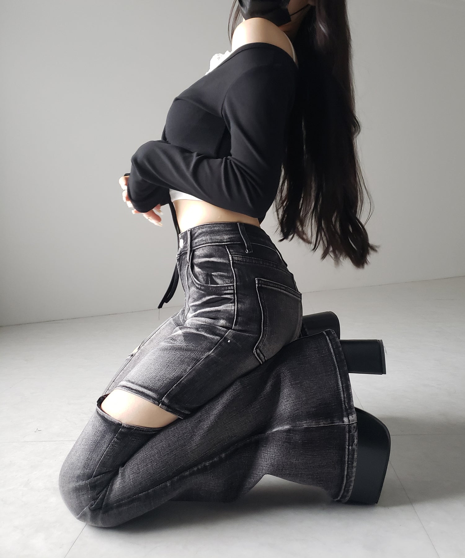 【 ２color ／ ３size 】カットアウトヴィンテージストレッチフレアデニム ／ cutout vintage stretch flare denim
