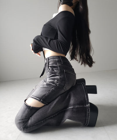 【 ２color ／ ３size 】カットアウトヴィンテージストレッチフレアデニム ／ cutout vintage stretch flare denim