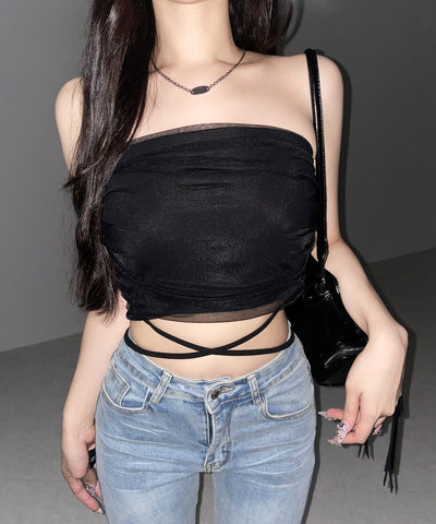 ウエストクロスチュールドッキングベアトップ ／ waist cross tulle docking bare top