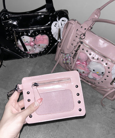 【 限定先行販売 】ハートクリアポケットスタッズフェイクレザートートバッグ ／ heart clear pocket studs fake leather tote bag