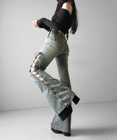 レースアップカットアウトストレッチフレアデニム ／ lace up cutout stretch flare denim