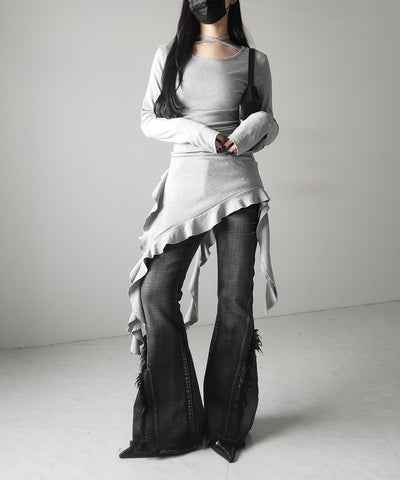 【 ３color 】クロスチョーカーアシンメトリーラッフルフリルトップス ／ cross choker asymmetry ruffle frill tops