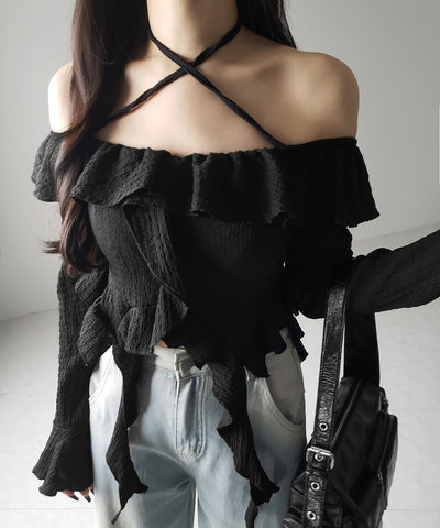 【 ２color 】クロスストラップリボンオフショルダーフリルブラウス ／ cross strap ribbon off shoulder frill blouse