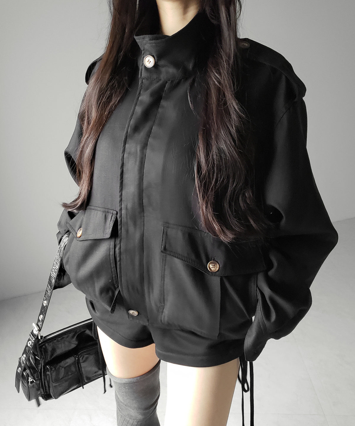 スタンドカラーオーバーショートトレンチコート ／ stand collar over short trench coat